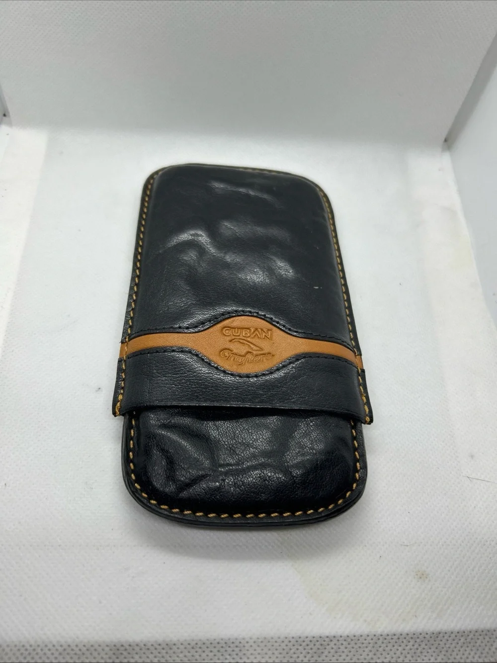 Black and Tan Leather 3 finger Cigar Case Cuban Crafters vintage smoking gift